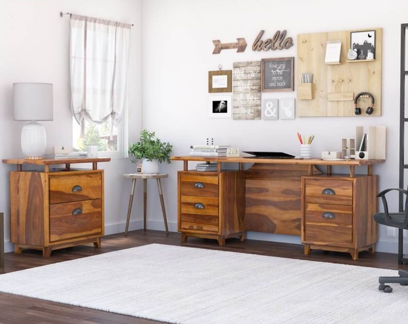 Hondah Rustic Solid Wood Desk with File Cabinet Set