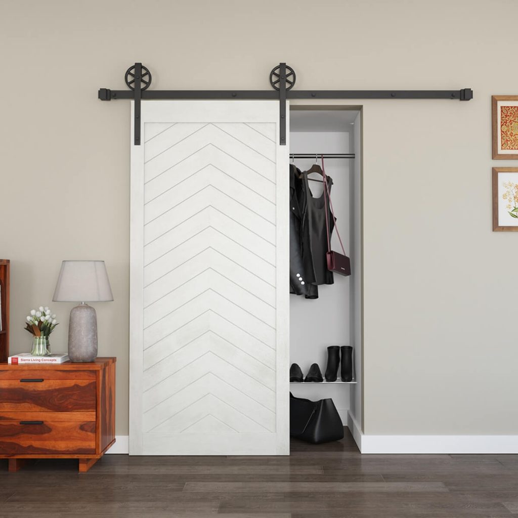 Solid Wood Chevron Pattern Closet White Sliding Barn Door 