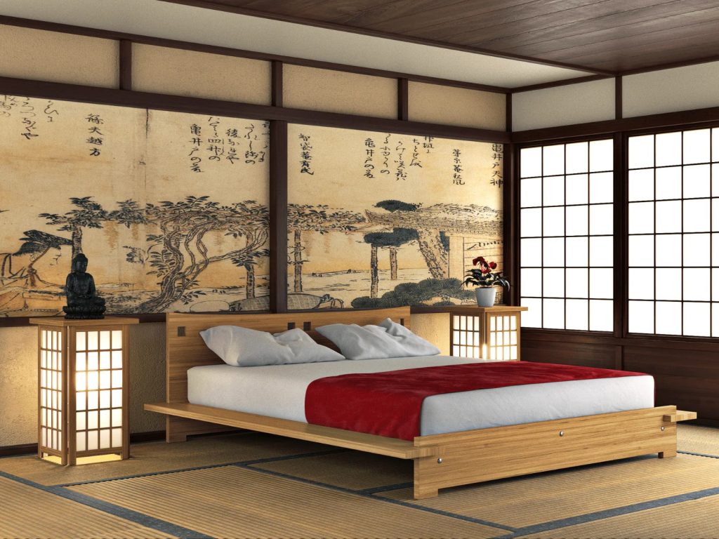 Japanese platform bed having old wall art. 
