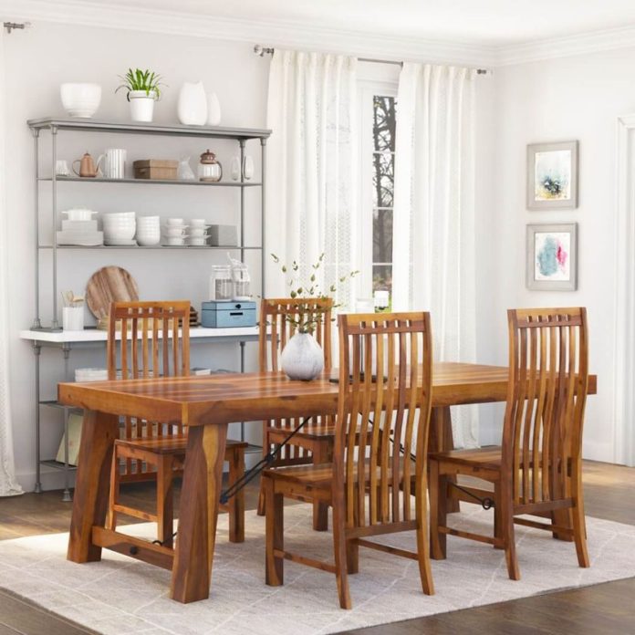 mission style wooden dining table and chair set