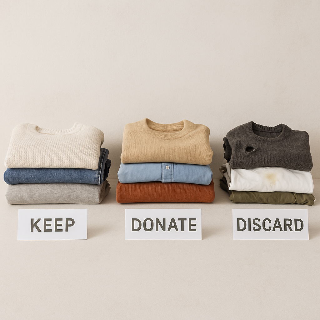 Sorting out the clothes based on the 3 pile method.