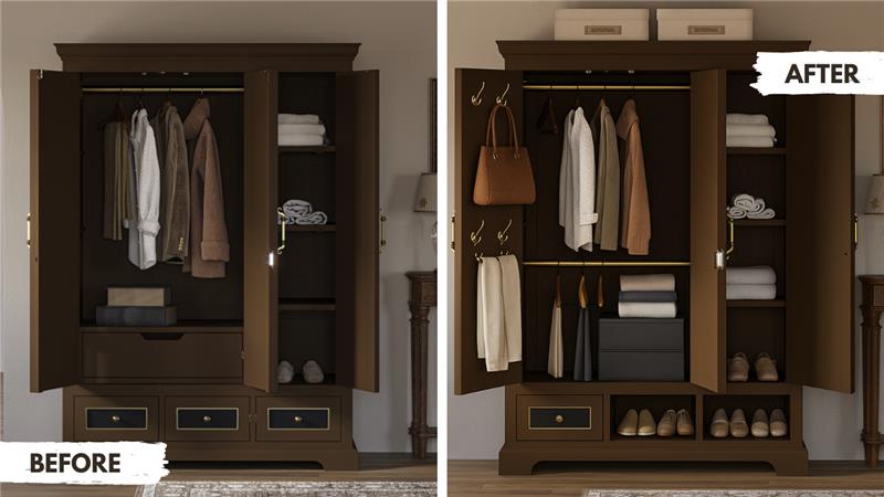 Extended storage or well-curated use of vertical space by installing hanging rod, shoe racks, & hooks
