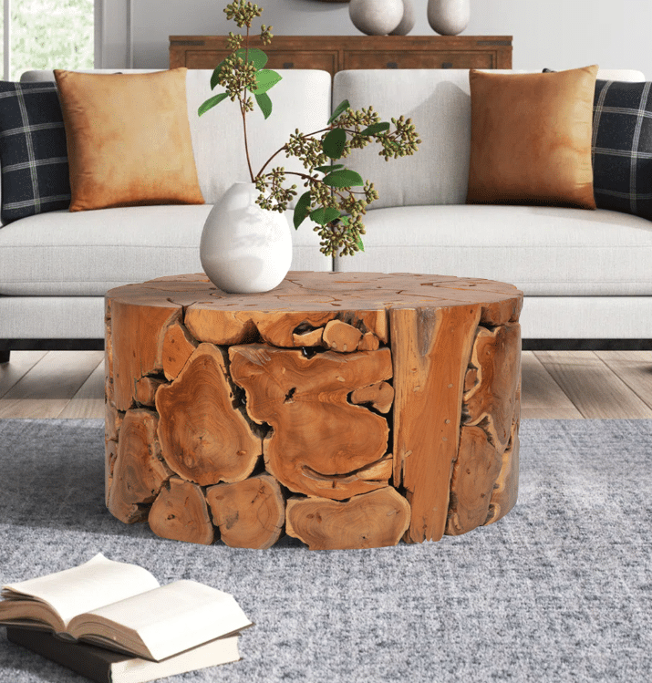 Natural Knots & Grains of this Guilford Round Teak Slice Coffee Table is for Warmth.