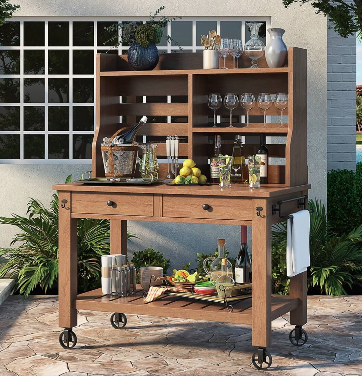 Modular Rolling Bar Cart Table with Different Built-In Storage Configurations.