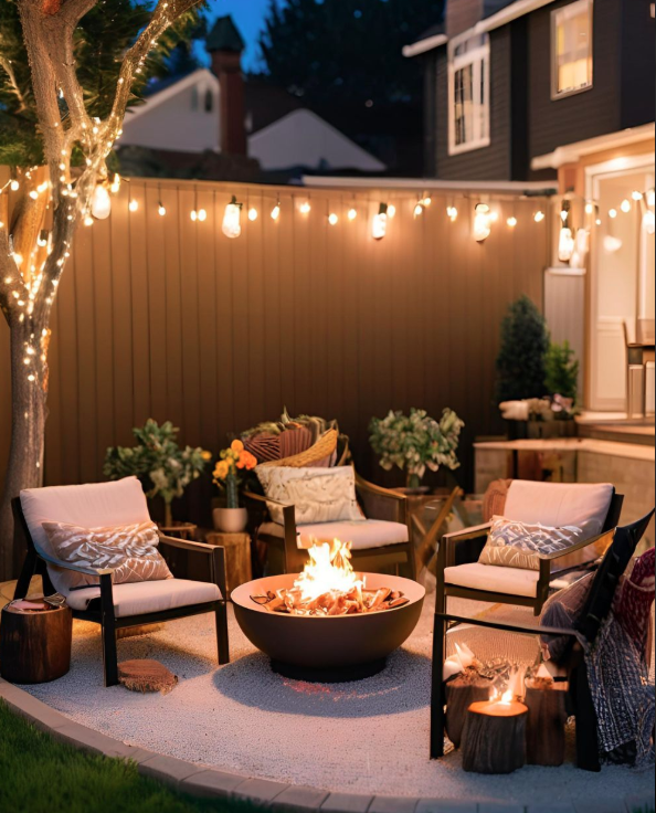 Firepit with Cushioned Garden Chairs & Mood Lightining.