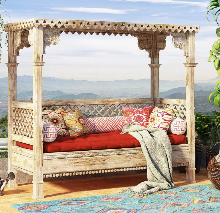 Bohemian Cultured Influenced Hand Carved Lecco Teak Outdoor Daybed.