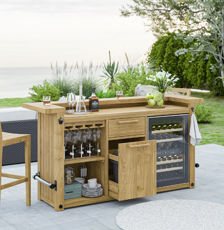 Clewiston Outdoor Home Bar Cabinet with Mini Fridge Space.