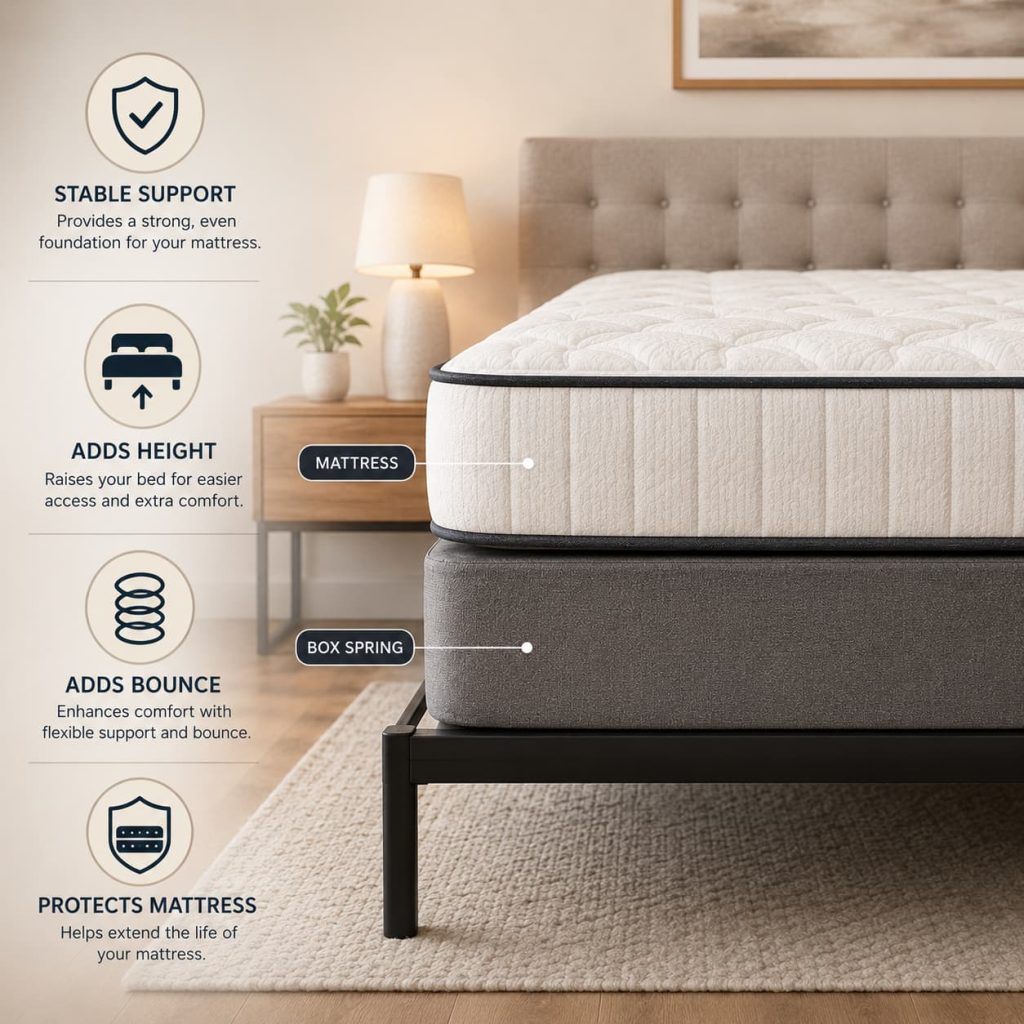 Clean infographic-style bedroom visual showing a mattress on a box spring, with subtle icons for support, height, bounce, and mattress protection, warm neutral bedroom setting, minimal premium design, limited text only, 1:1 ratio