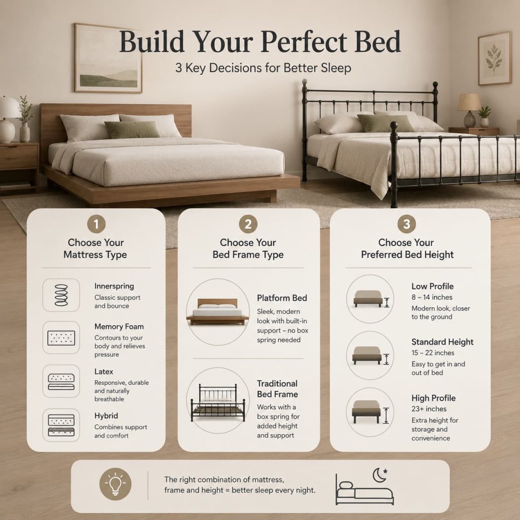 Modern bedroom decision-style visual showing three elements: mattress type, bed frame type, and preferred bed height, with a platform bed and traditional bed frame shown subtly in the background, clean neutral tones, minimal icons