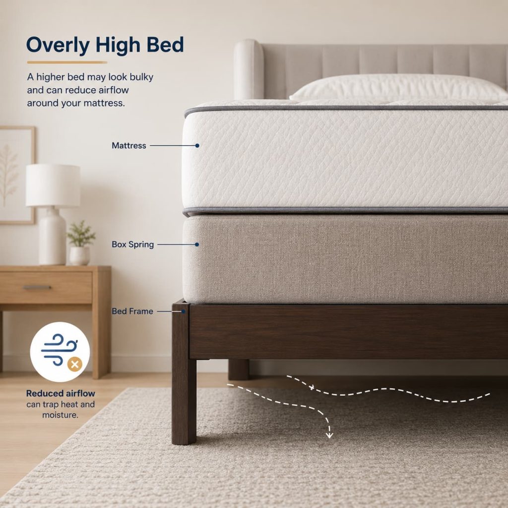 Minimal educational visual showing an overly high bed with mattress and box spring, slightly bulky layered setup, small airflow concern icon, clean neutral bedroom, subtle comparison feel, no clutter