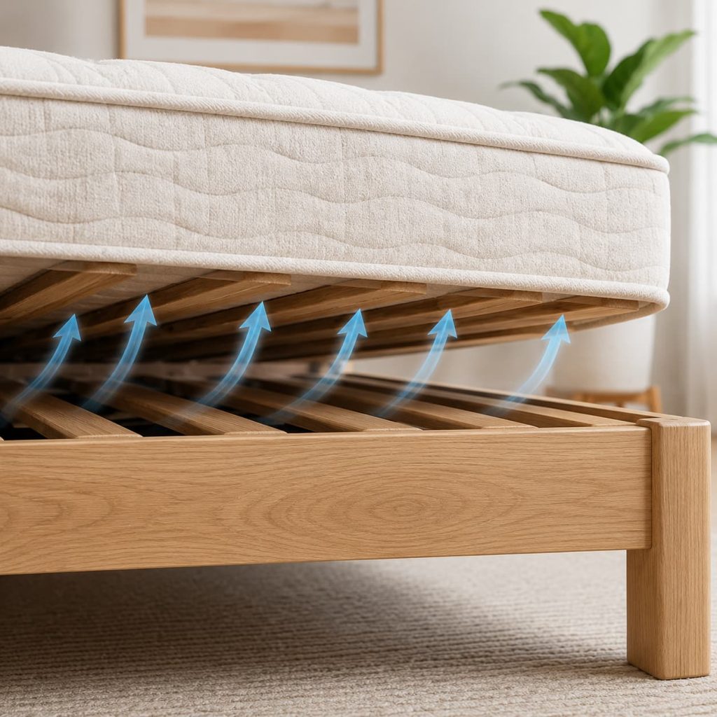 Close-up underside view of a mattress resting on wooden slats with visible airflow lines passing through, natural solid wood platform bed frame, fresh clean bedroom atmosphere, light neutral colors, minimal educational graphic.