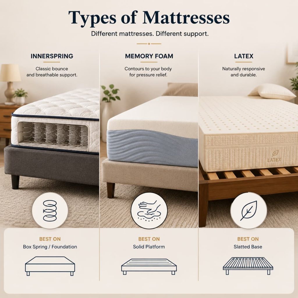 Clean comparison graphic showing three mattress types: innerspring, memory foam, and latex mattress placed on suitable bed bases, simple icons, warm neutral palette, premium educational furniture blog style, minimal text
