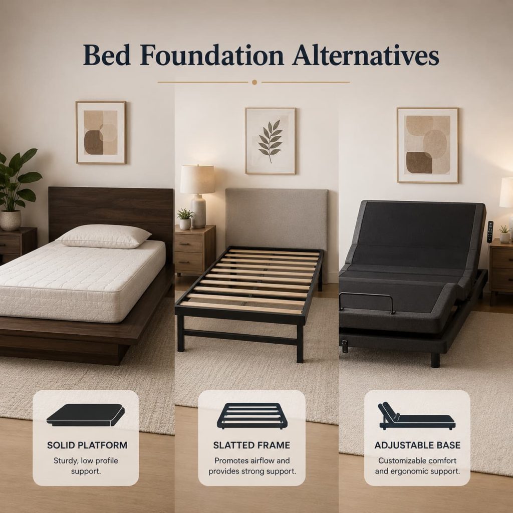 Three modern bed foundation alternatives displayed together: solid platform bed, slatted frame, and adjustable bed base, clean bedroom/studio setup, premium neutral tones, minimal labels