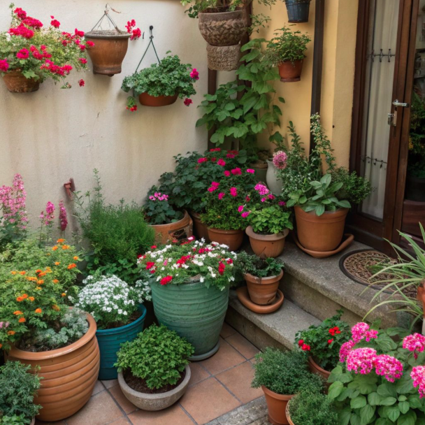 Blooming Flowerpots Outside in Porch Brings Greenery.