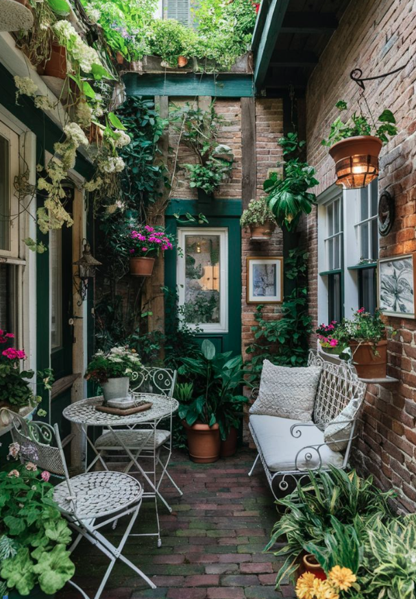 Use of Vertical Space as an Ideal Breakfast Spot with Garden Table Chairs & Small Hanging Planters.