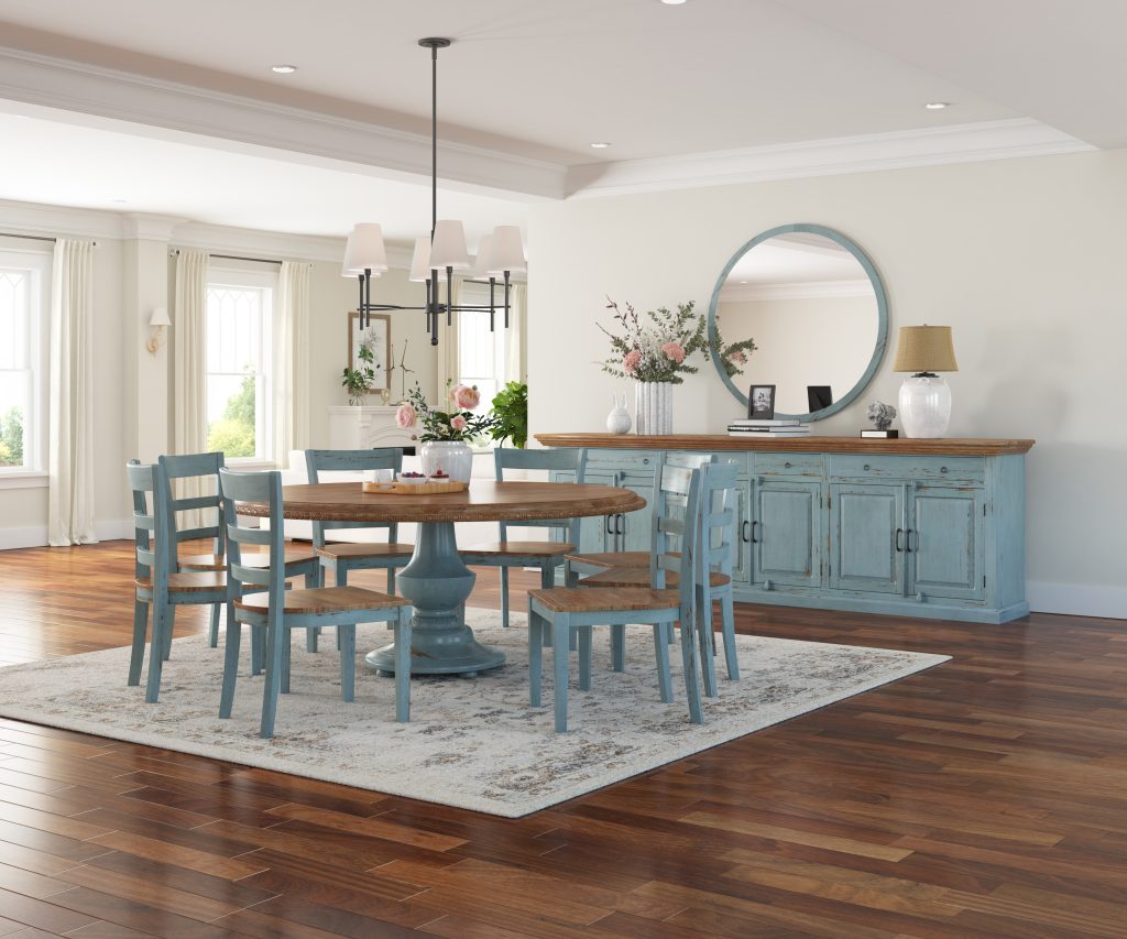 Conway Farmhouse Two Tone Solid Wood Round Dining Table Chair Set
