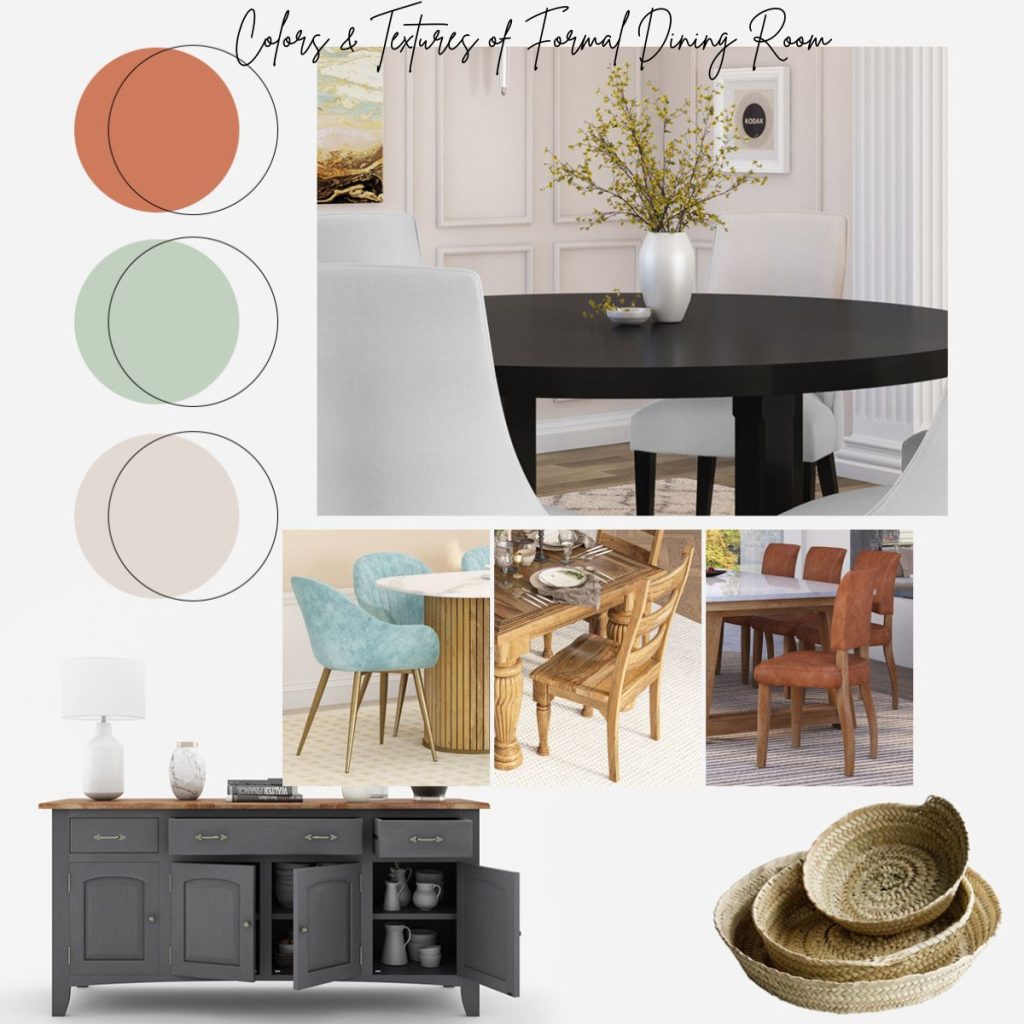 Subtle wall textures to accent decor like woven baskets and ceramic vases for ideal formal dining room
