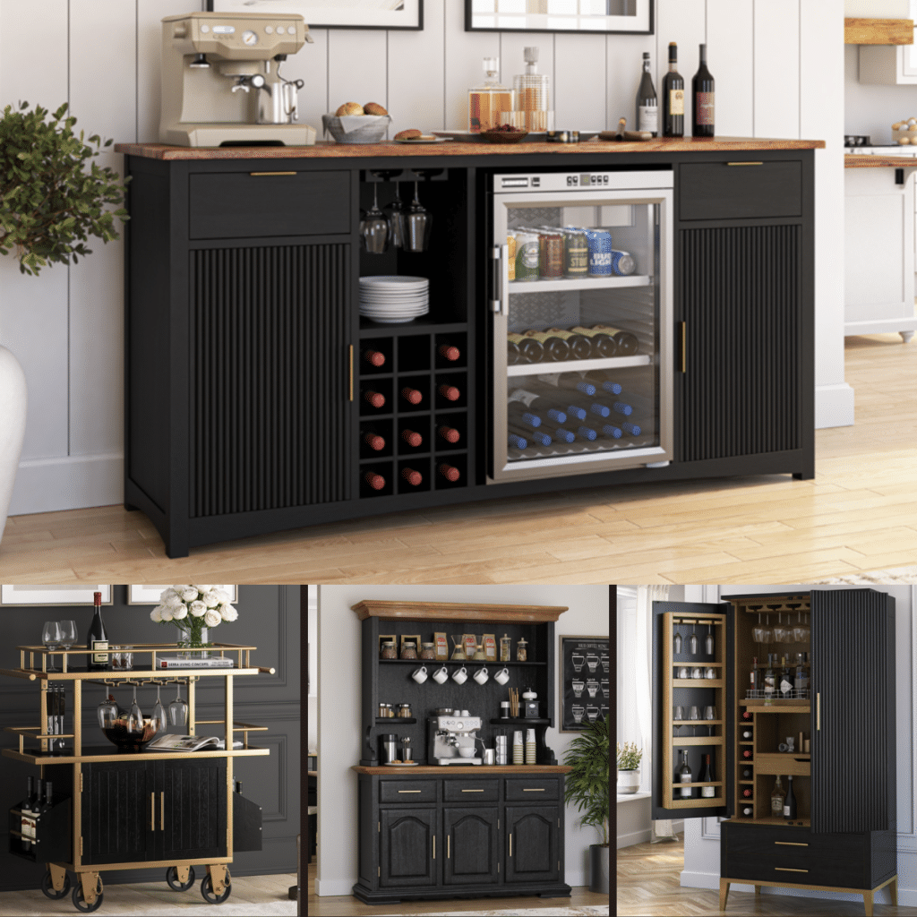 Diverse options from bar cabinet with fridge space to rolling bar cart or home coffee bar station 
