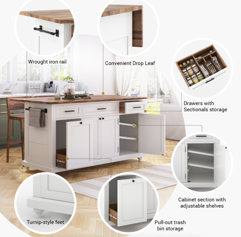 Casselton Solid Wood Two Tone White Kitchen Island with Drop Leaf
