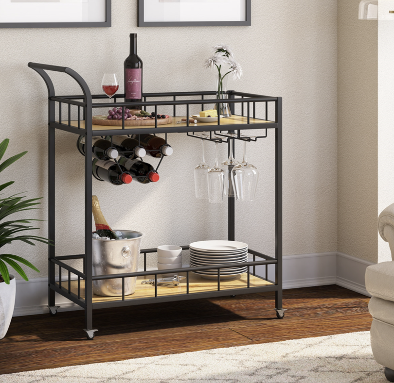 Castella Industrial Black Metal Trolley Bar Cart With Wine Rack