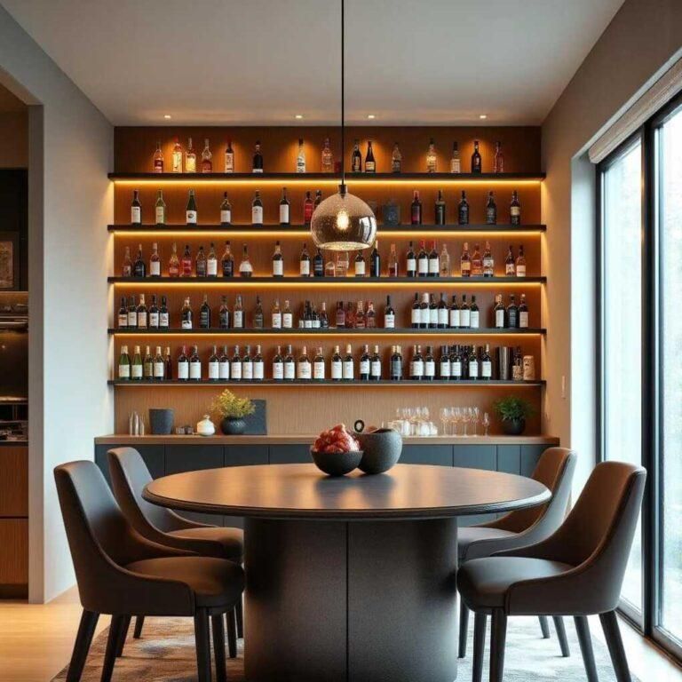 Installed wall mounted shelves above the sideboard in a formal dining serves ease of convenience
