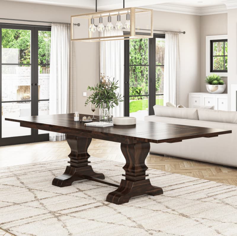 Chantilly Solid Wood Large Trestle Extendable Dining Table with Leaf