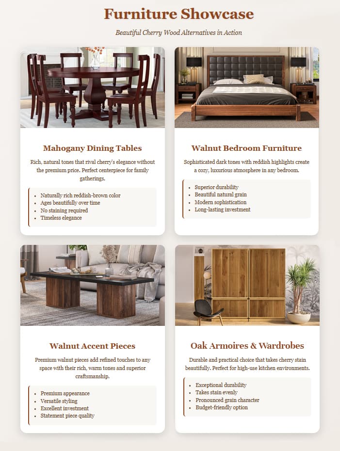 Furniture recommendations for different rooms in alternative wood type choices