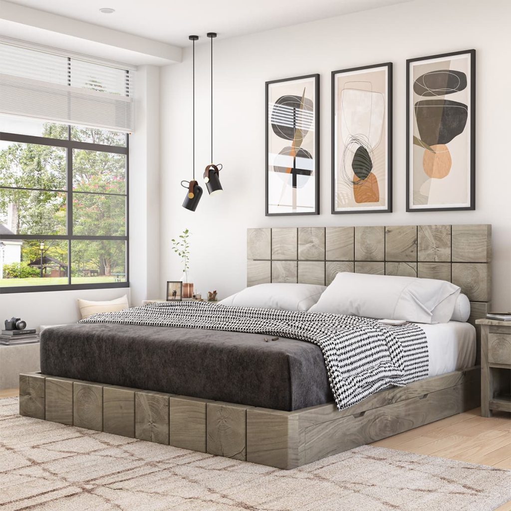 Ripon Modern Acacia Low Profile Platform Bed with Storage