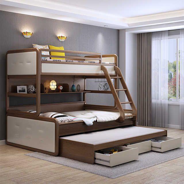 A two-tier wooden bed frame