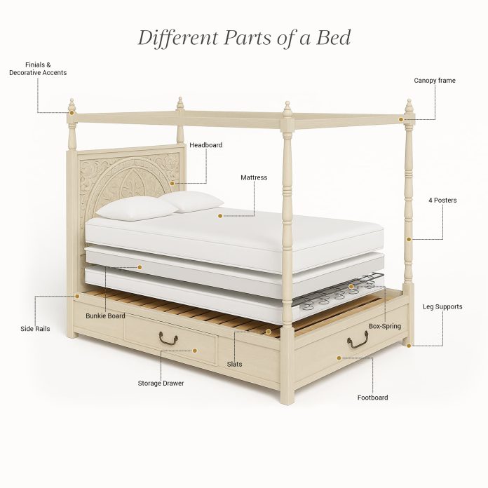 Image showing different parts of a bed including headboard, footboard, side rails, and slats.