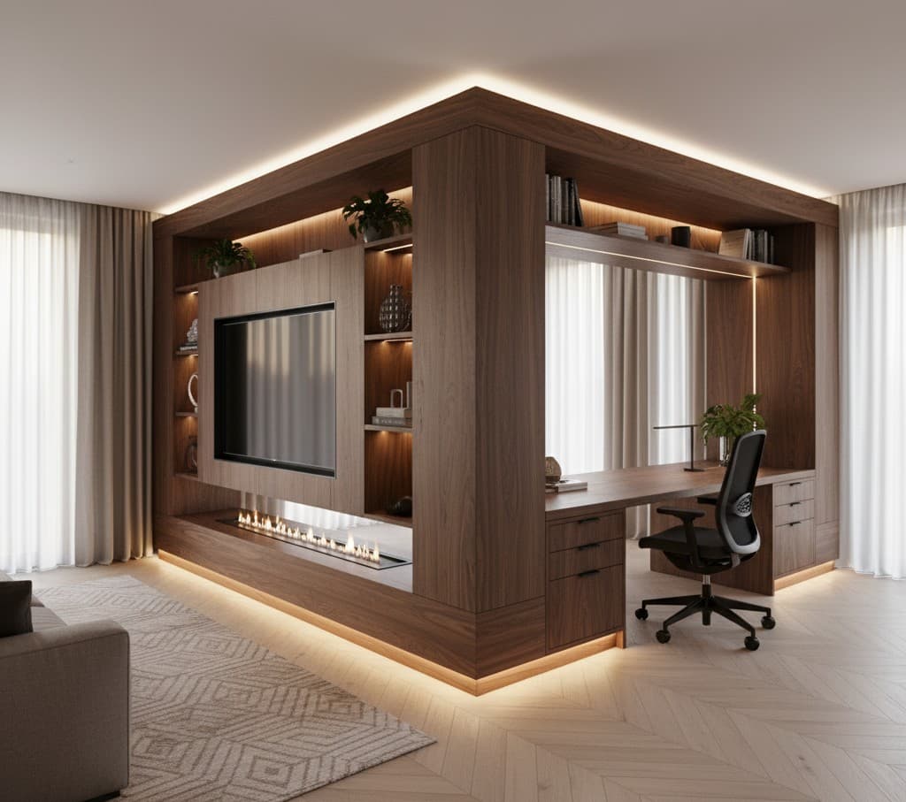 Custom woodwork built-ins for both office & living