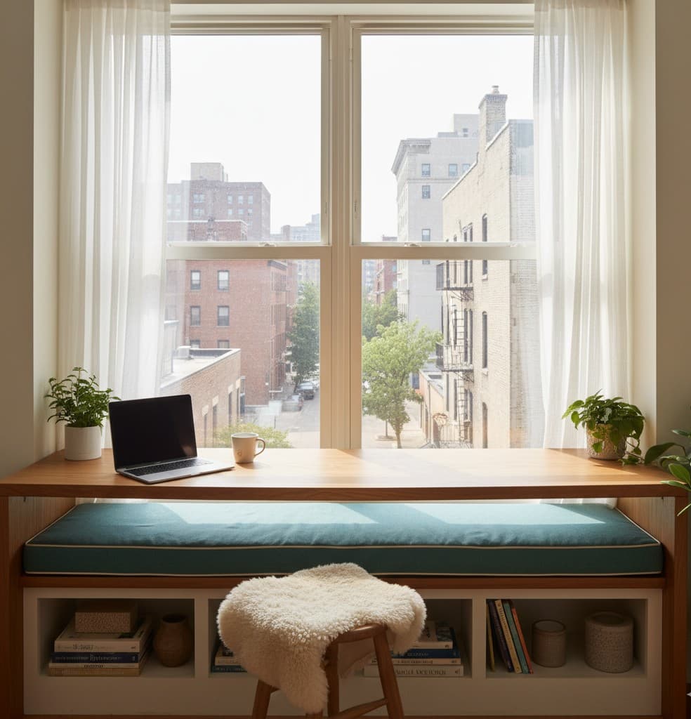 A narrow writing desk with an added stool around deep windowsills