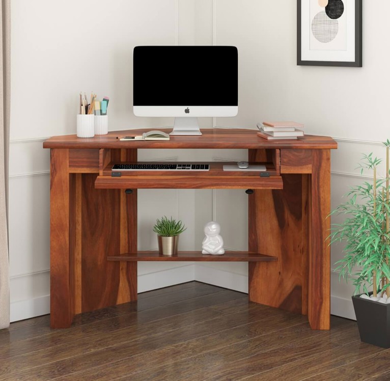 Lathrop Solid Wood Contemporary Corner Computer Desk w Keyboard Tray