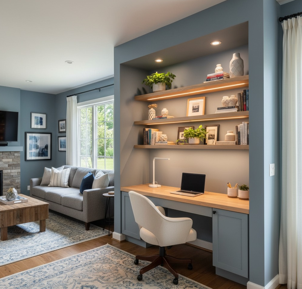 Built-in area dedicatedly designed for the living room office setup