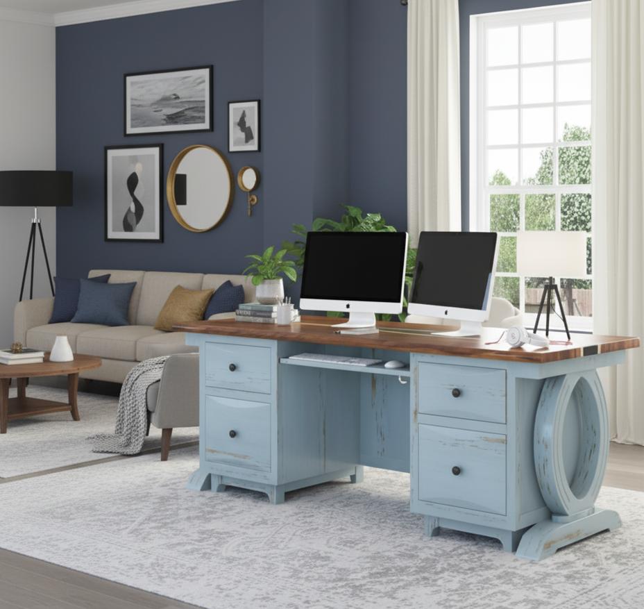 Eden Blue Solid Wood Epoxy Home Office Executive Desk