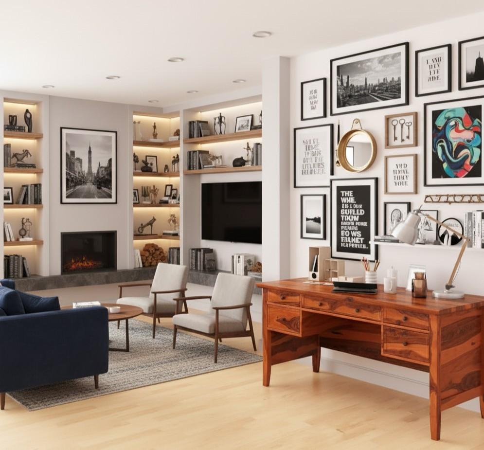 Calypso Solid Wood 60 Inch Large Modern Writing Desk With 5 Drawers