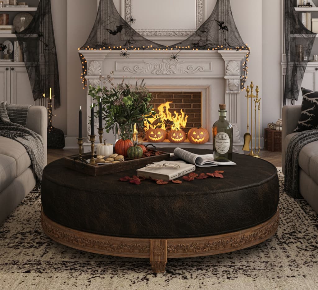 Carling 60 Inch Round Leather Ottoman Coffee Table