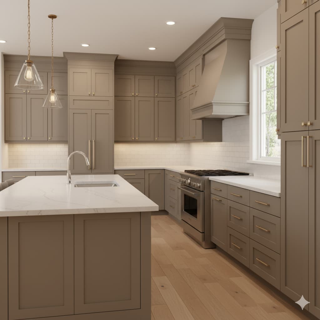 Taupe color texture kitchen cabinets