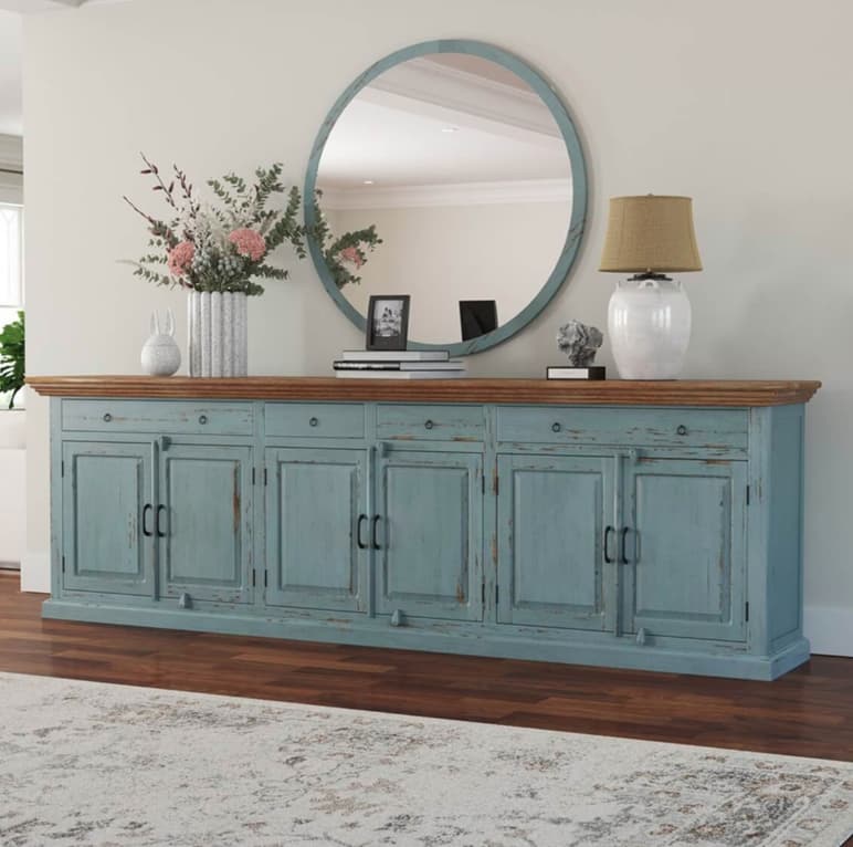 Conway Blue Two Tone Solid Wood 4 Drawer Extra Long Sideboard Buffet
