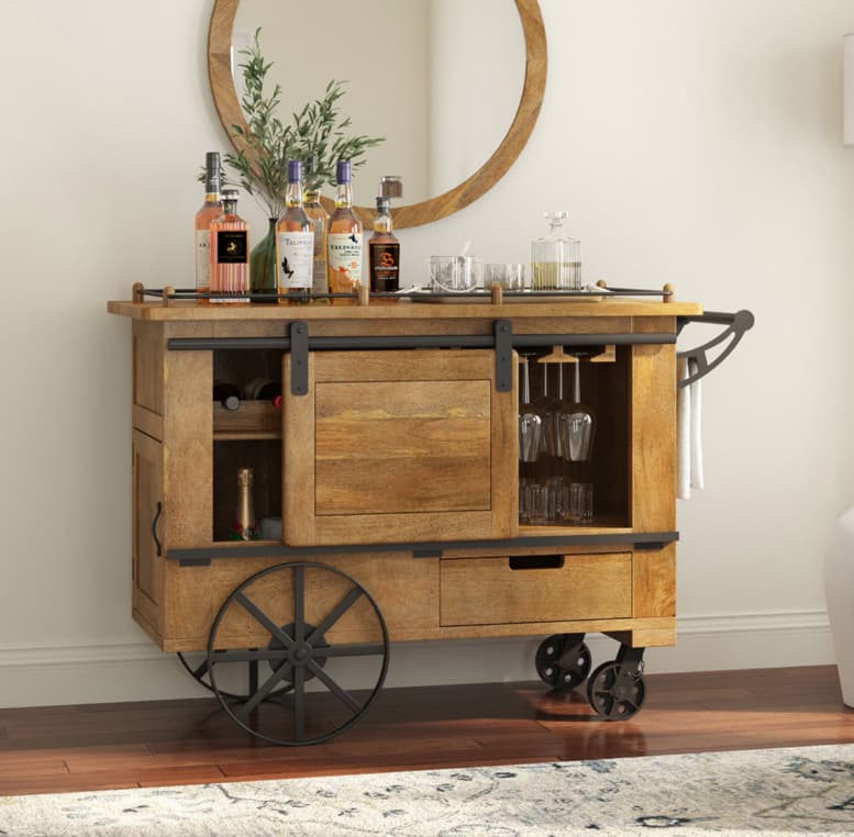 Bieber Large Industrial Farmhouse Bar Cart with Barn Door