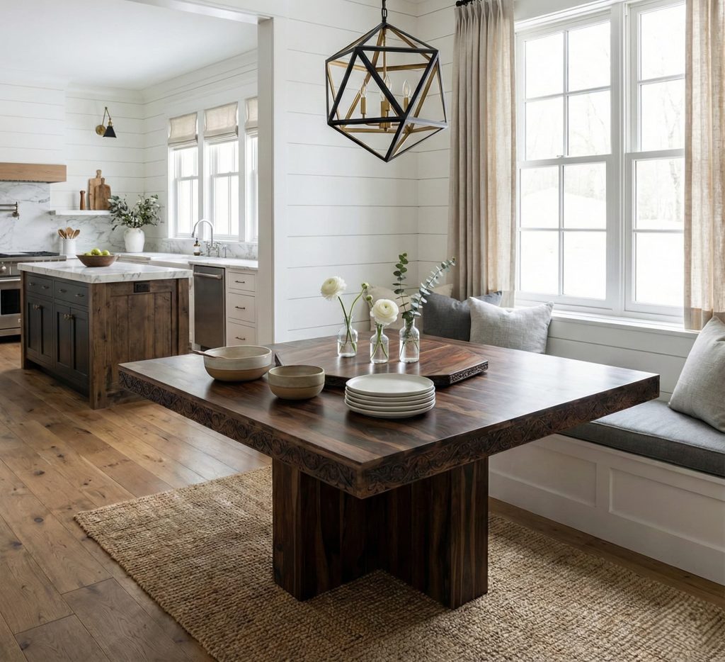 Rustic Solid Wood Large Square Pedestal Dining Table with Lazy Susan