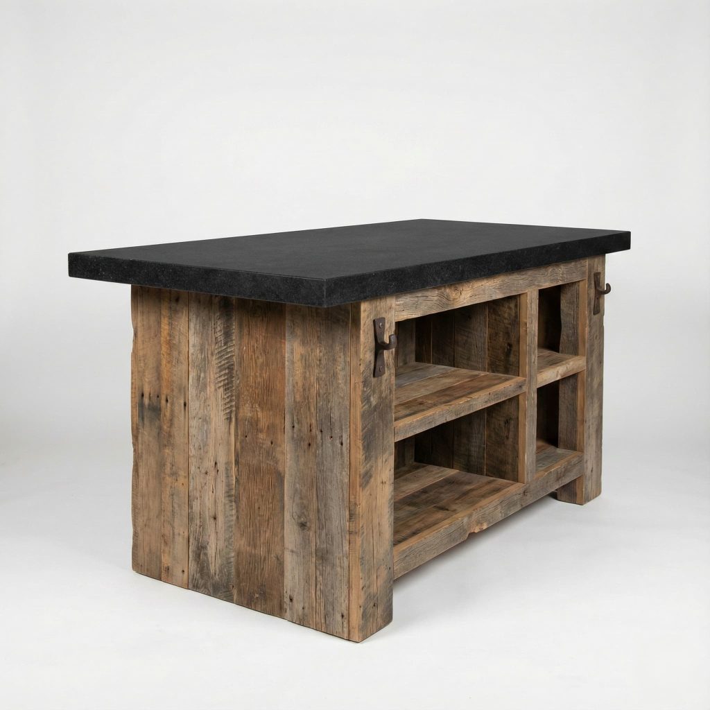 Stone top paired with reclaimed wood island base