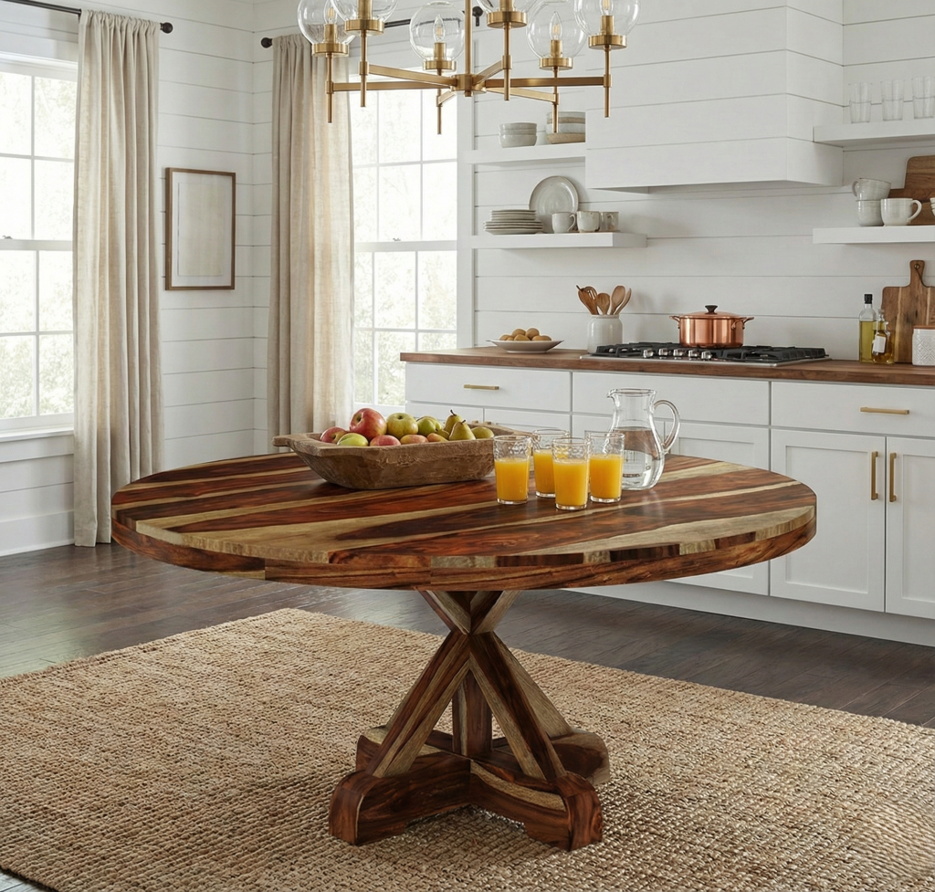 Bedford Rustic Solid Wood X Base Pedestal Round Dining Table
