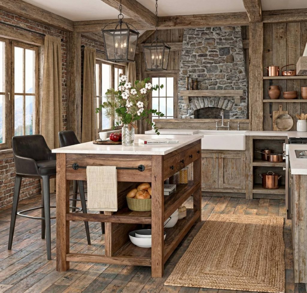 Visalia Modern Rustic Marble Top Kitchen Island with Open Shelves Storage