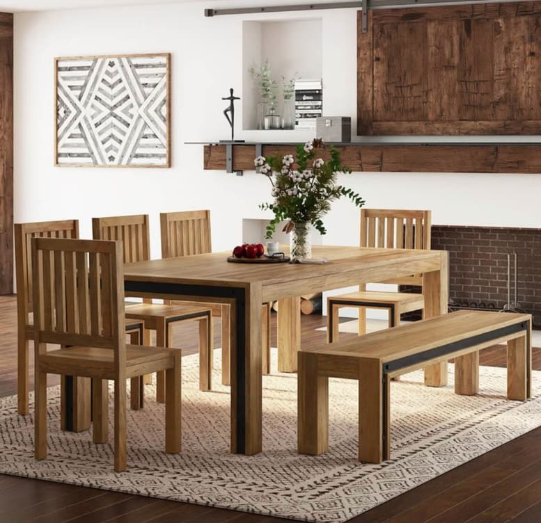 Marseille Rustic Solid Wood Dining Table with Bench and Chairs