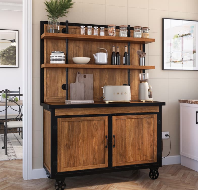 Mapleton Rustic Solid Wood Industrial Baker’s Rack with Cabinet