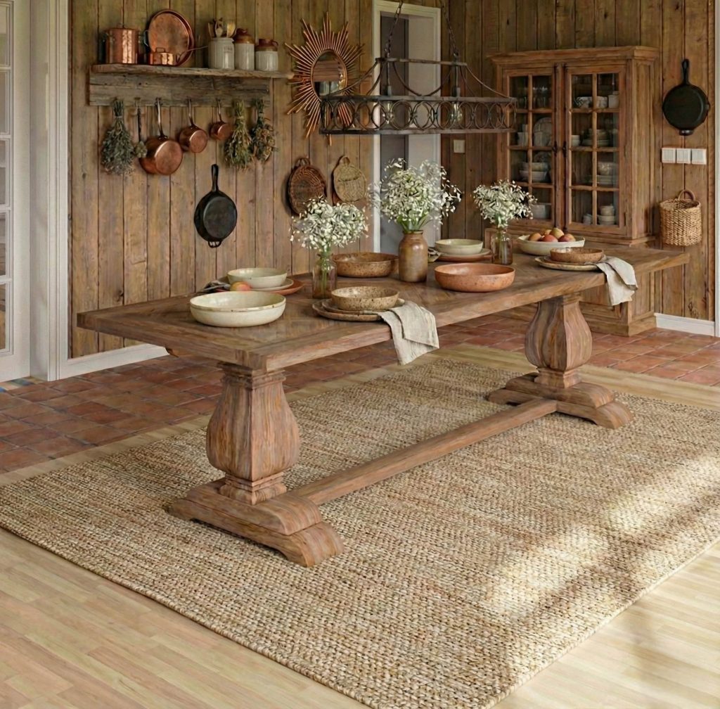 Dunnigan Chevron Trestle Rustic Farmhouse Dining Table