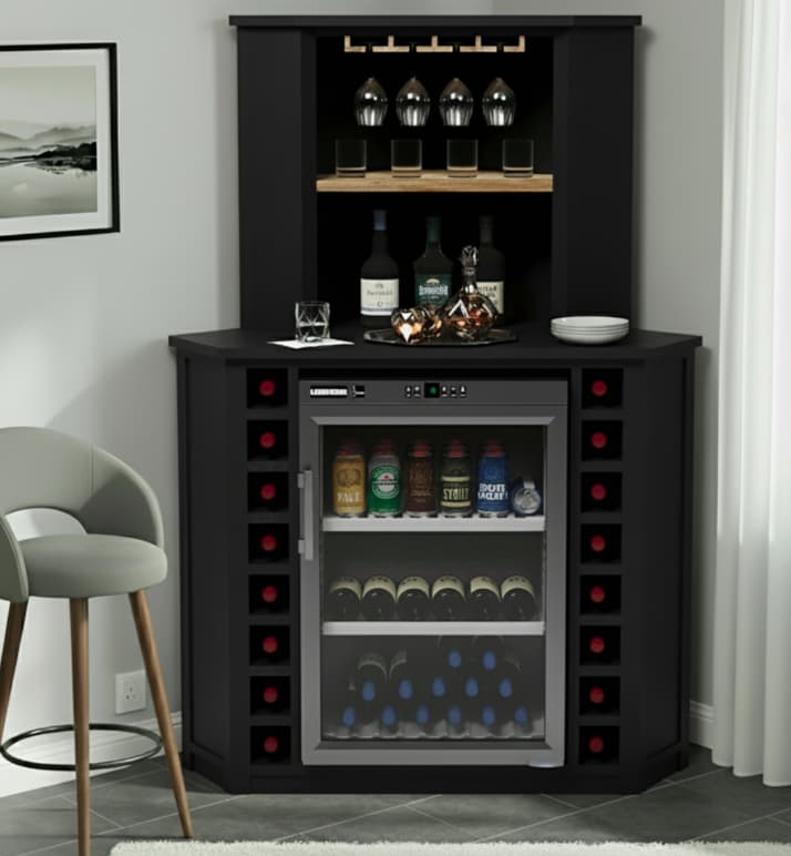 Erie Black Corner Wine Bar with Fridge Space
