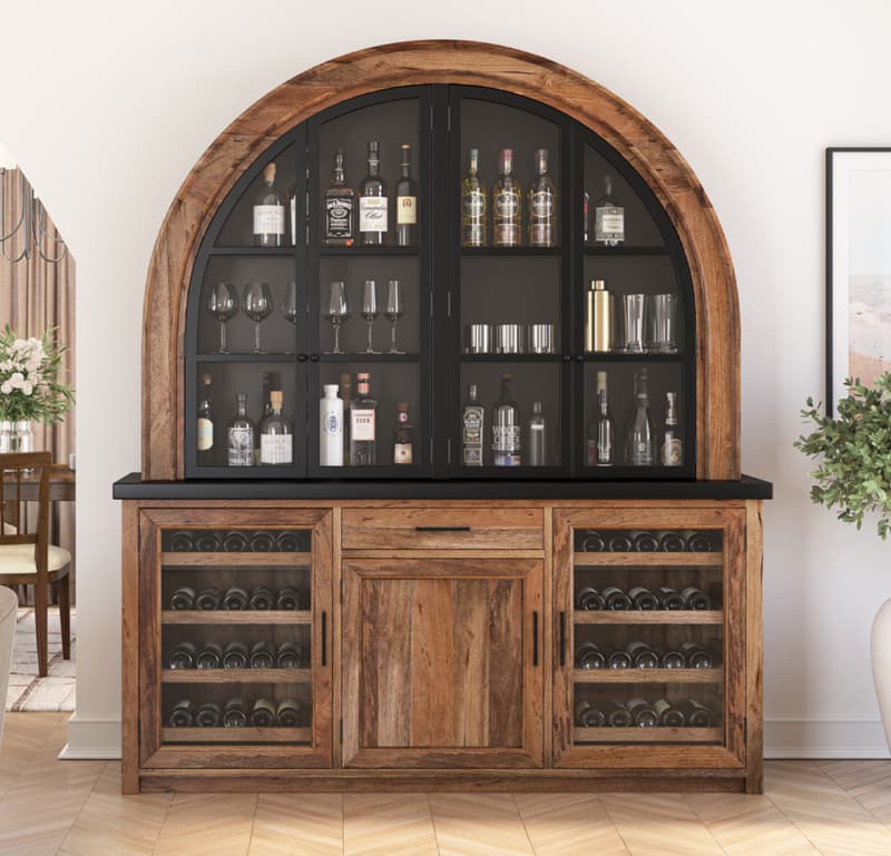 Marfa Two Tone Arched Bar Cabinet with Glass Doors