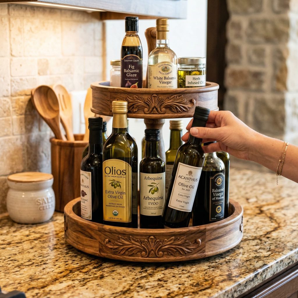 A close-up of a 2-tier "Acanthus" wood lazy Susan